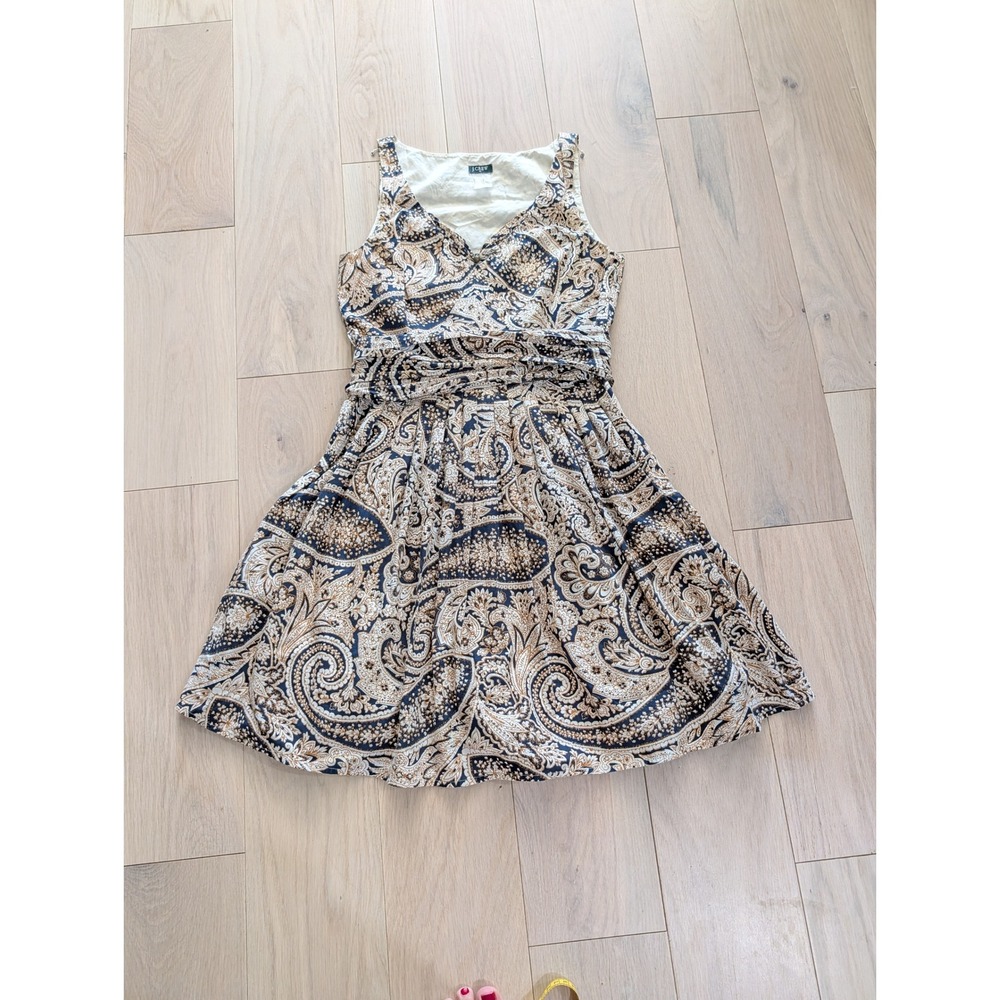 J.Crew Paisley Fit & Flare Dress | Navy & Ivory | V-Neck | Classic Preppy - Picture 2 of 13